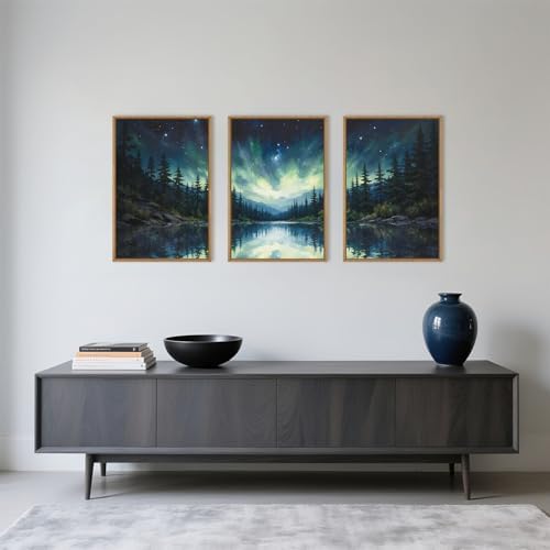 Luminous Northern Lights Forest Lake Framed Canvas Wall Art Set-24"x36"x3 - Image 3