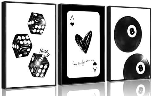 3Pcs Black and White Lucky Dice Wall Art Trendy Lucky 8 Ball Pictures Wall by Zuowclli