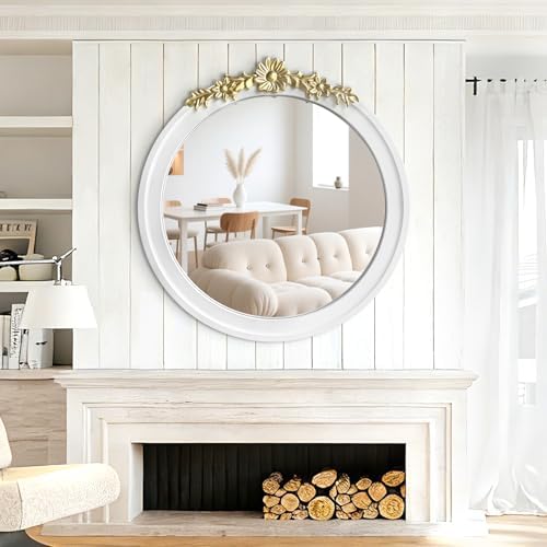 White Round Wood Mirror 28 Inch, Large Rustic Boho Coastal Wall Decor - Image 3