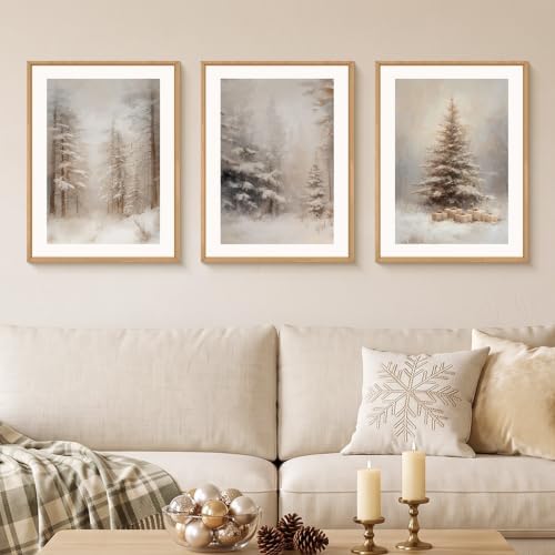 Vintage Christmas Tree Snowy Woodland Framed Canvas Wall Art Set-12"x16"x3 by Aryroi