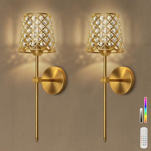 Crystal Battery Operated Wall Sconces Set of 2, Dimmable 12 RGB and 3CCT Wall by Rayspan