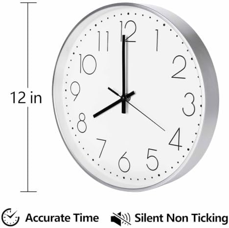 Silver & Black Wall Clock 2 Pack 12 Inch Silent Battery Operated Clocks - Image 2