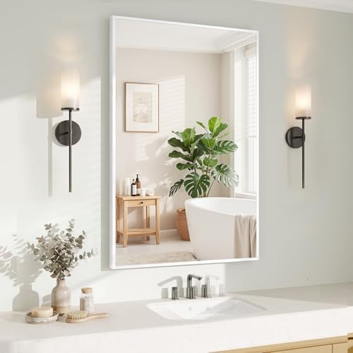 Koonmi White Rectangle Wall Mirror, 24x32 Inch Bathroom Mirror, Aluminum Frame by KOONMI