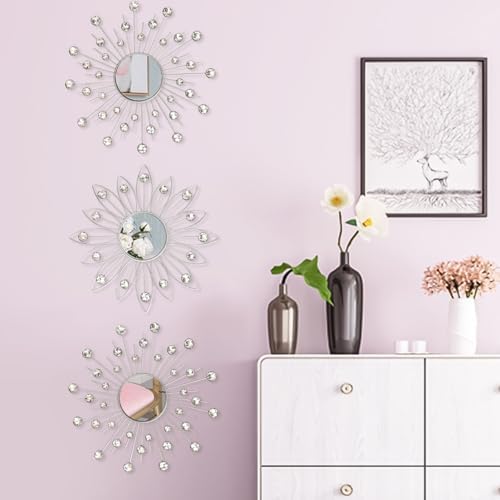 Uaussi 3 Pack Crystal Sunburst Wall Mirror Décor Rhinestone Mirrors Decorative - Image 3
