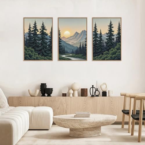 HLNIUC Mountain Forest Sun Framed Wall Art, Large Boho Pine Tree Canvas Wall - Image 3