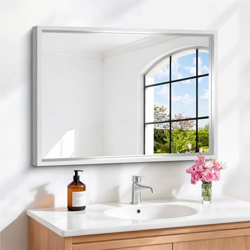 18 x 24 inch Brushed Silver Bathroom Mirror, Metal Framed Rectangle Mirror - Image 5