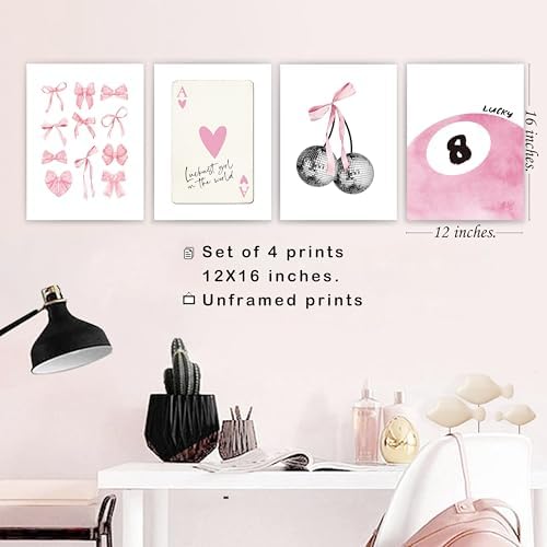 okaxscm Pink Coquette Trendy Preppy Wall Art Prints Set of 4, Coquette Room - Image 3