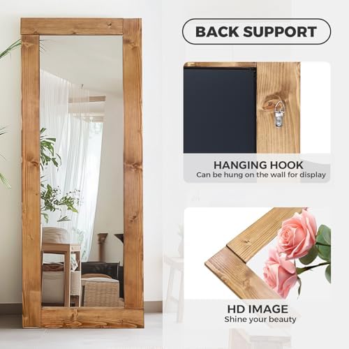 65x24in Full Length Mirror, Solid Wood Convex Frame, Light Brown - Image 2