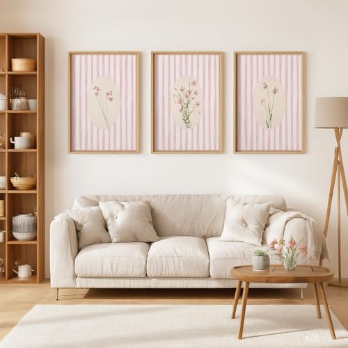 Youillne Pink Flower Wall Art Striped Floral Prints Botanical Canvas Wall Decor - Image 3