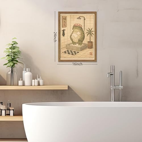 Framed Vintage Frog Bathroom Wall Art, Funny Cute Green Frog in Bubble Bath - Image 4