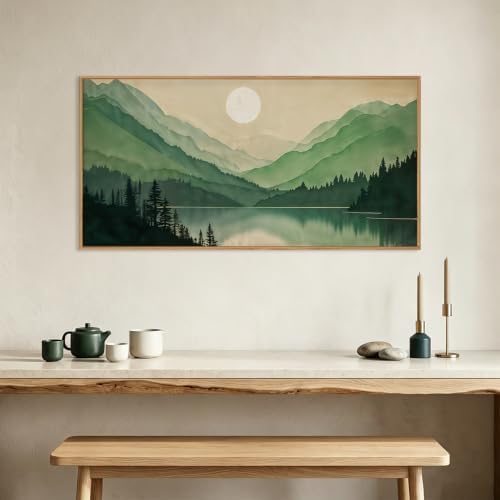 Green Boho Mountain Lake Framed Canvas Wall Art Set-40"x20"x1 - Image 2
