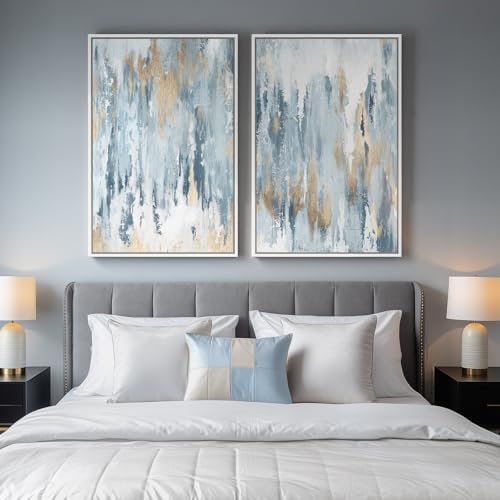 Large White Framed Blue and Gold Abstract Wall Art - Image 4