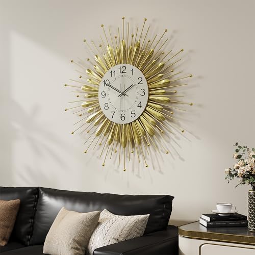Cuspin 24 Inch Gold Wall Clock Mid Century Sunburst Metal Decorative Clock - Image 2