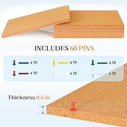 DOLLAR BOSS Cork Board Tiles, 6 Packs 12" x 12" 1/2" Thick Bulletin Board - Image 4