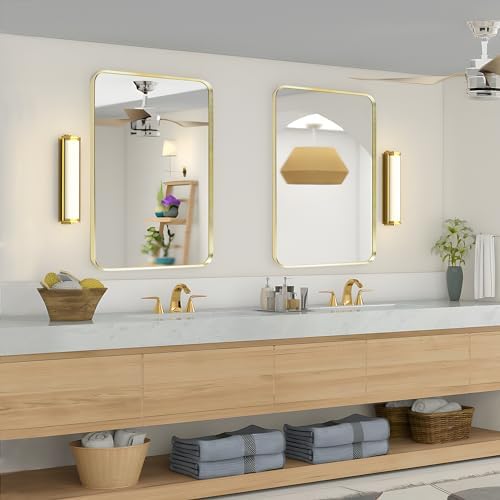 Gold Bathroom Mirror 24x36in, Metal Framed Rounded Rectangle Wall - Image 3