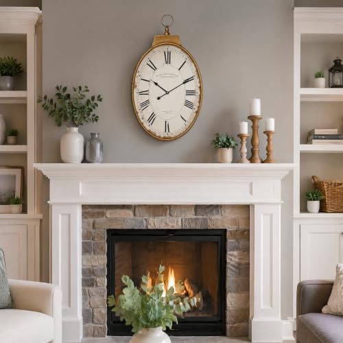 EMAX HOME Large 25-Inch Oval Wall Clock, Vintage Gold Distressed Metal Frame - Image 2