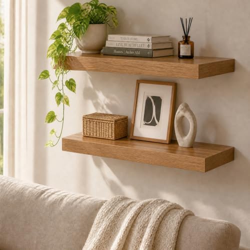 20in Oak Floating Shelves for Wall, Decor Storage - Image 2