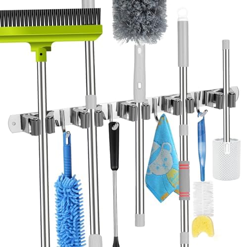 voze 5 Racks and 4 Hooks Mop and Broom Holder Wall Mount, Self Adhesive Heavy - Image 2