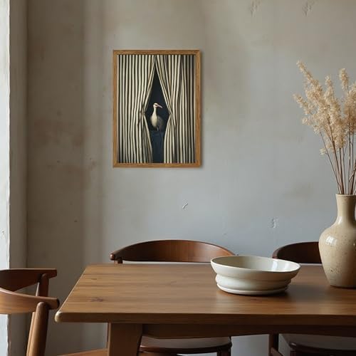 AVECCO Vintage Striped Curtain Moody Crane Wall Art Canvas Framed 12x16 in - Image 4