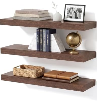 Walnut Floating Shelves for Bathroom, 24 Inch Wooden Shelf Set of 3 by Mifurn