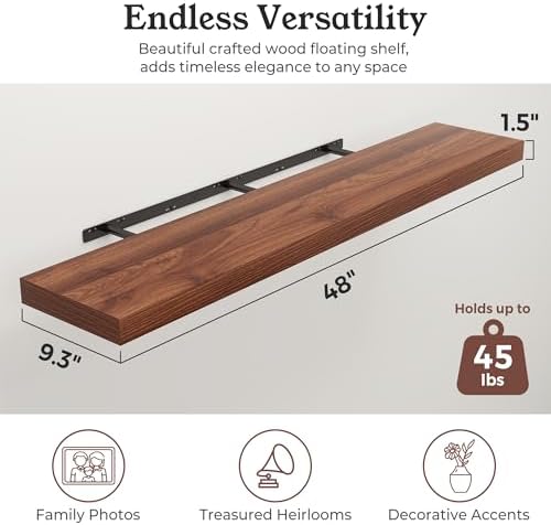 48" Walnut Floating Shelves Wood Wall Shelf, Walnut Color - Image 2