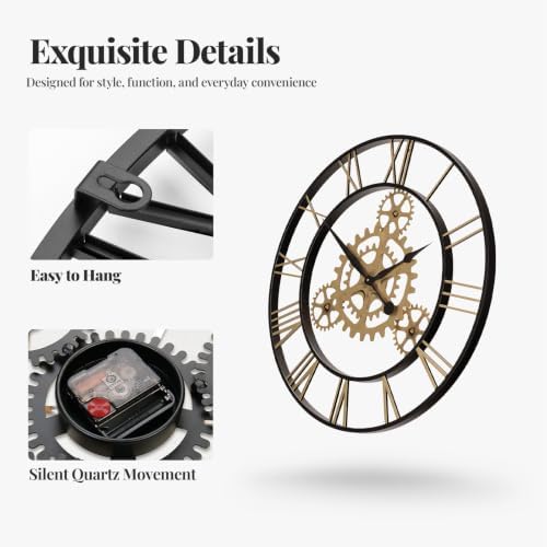 Cuspin 30 Inch Large Wall Clock Black Gold Roman Numeral Gears Wall Clock - Image 6
