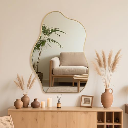 Irregular Asymmetrical Wall Mirror, 36x24 Inch Gold Bathroom Mirror by BOMINICA