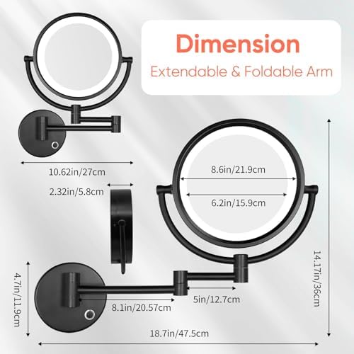 GURUN Hardwired LED Makeup Mirror Wall Mount Extendable Touch Black 10x - Image 5