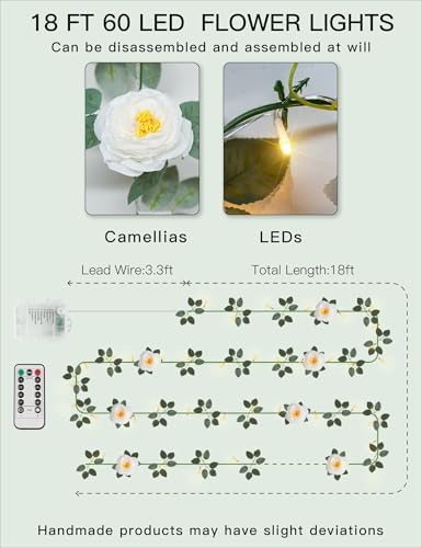 suddus 60LED Garland with White Camellia Lights Battery Operated Clear Wire - Image 6