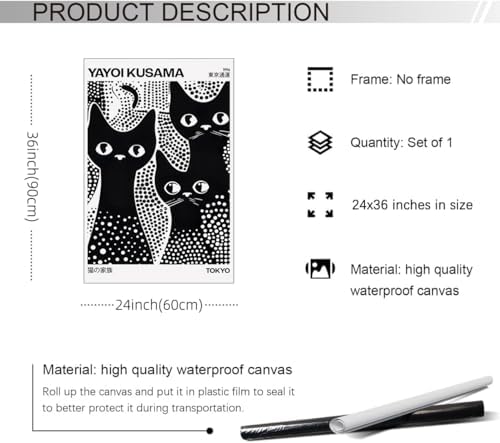 rumlud Cute Black Cat Poster Japanese Yayoi Kusama Wall Art Trendy Animal - Image 2