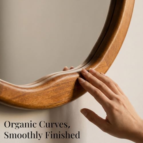 Warm Walnut 30 Inch Round Wood Wall Mirror, Asymmetrical Inner Edge - Image 3