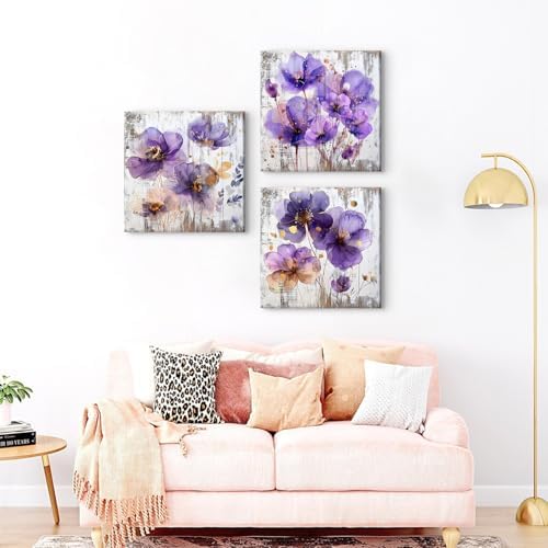 BL BORLINART Purple Wall Art Bathroom Decor Purple and Gold Flower Wall Decor - Image 3