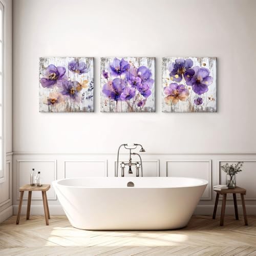 BL BORLINART Purple Wall Art Bathroom Decor Purple and Gold Flower Wall Decor - Image 5