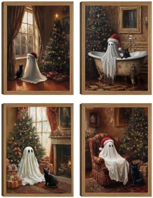 4Pcs Framed Vintage Christmas Cute Ghost And Black Cat Wall Art 12x16inch by QWETYY666WallArt