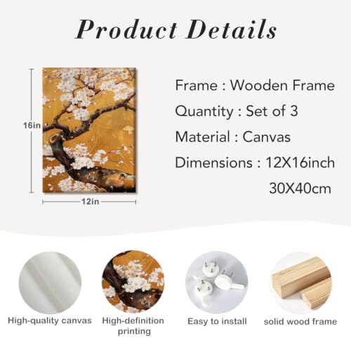 3 Pcs Japanese Golden Plum Blossom Flower Canvas Wall Art 12x16 Inches - Image 5