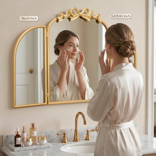 Besdomus Bow 3 Way Vanity Mirror: 36"x24" Gold Large Vintage Trifold Mirror - Image 2