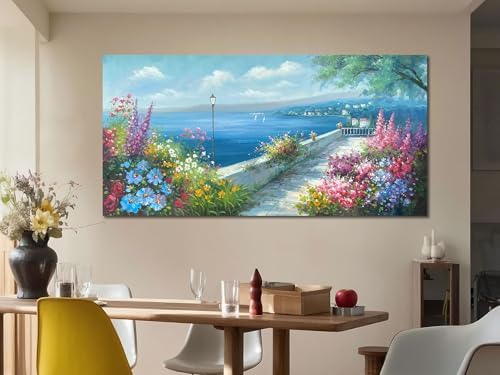 Arjun Blue Coastal Landscape Canvas Wall Art Extra Large Framed 58"x29" - Image 5