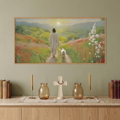 LHIUEM Large Jesus and Lamb Christian Framed Canvas Wall Art, Leaves The 99 - Image 2