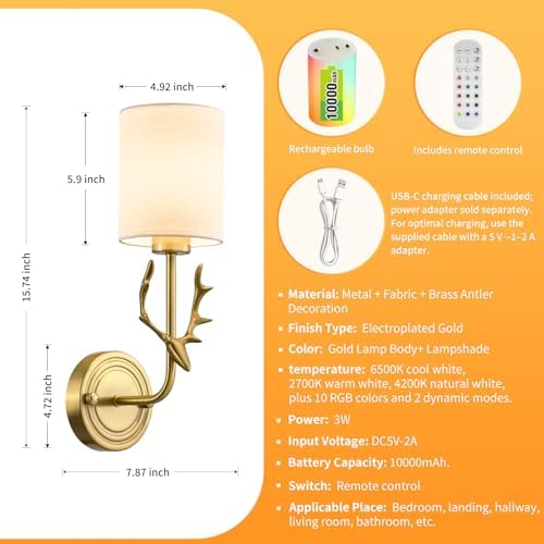 Cordless Wall Sconces Set of 2, 10000mAh Rechargeable RGB LED Lamps, Retro - Image 5