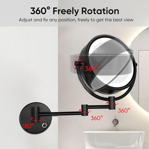 GURUN Hardwired LED Makeup Mirror Wall Mount Extendable Touch Black 10x - Image 6
