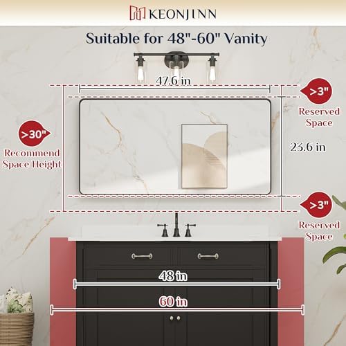 Keonjinn 48 x 24 Inch Black Bathroom Mirror, Tempered Glass Vanity Mirror - Image 5