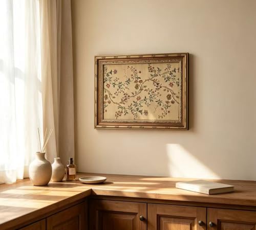 Vintage gold framed Floral Vine wall art Retro Beige Botanical Painting Canvas - Image 3