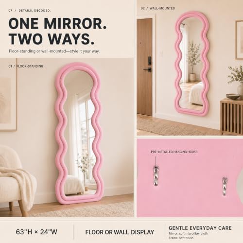 BOJOY Full Length Mirror 63"x24", Irregular Wavy Mirrors, Wave Arched Floor - Image 5