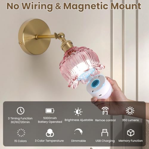 Vintage Battery Operated Wall Sconce: Set of 2 Rechargeable Pink Sconce - Image 5