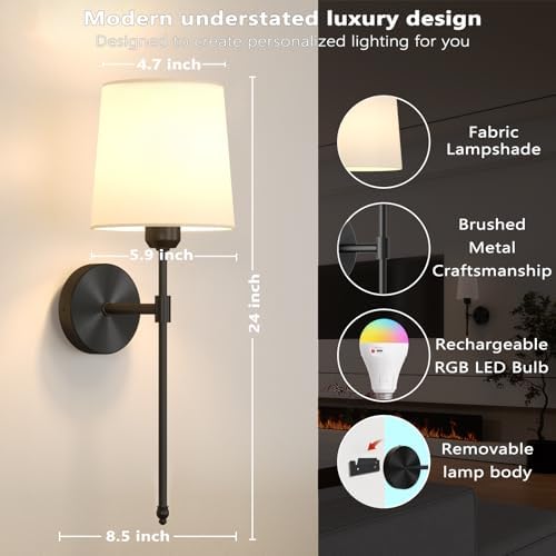 Battery Operated Wall Sconces Set of 2, Remote Control, RGB Bulb - Image 4