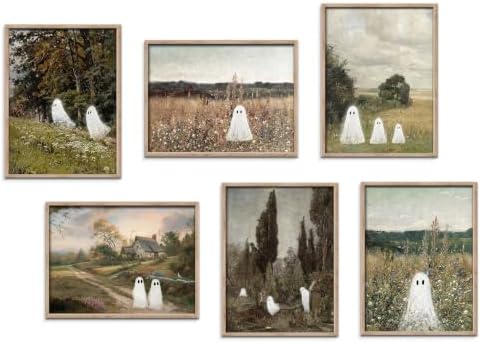 Vintage Landscape Ghost Wall Art Set of 6, Gothic Cute Ghost Halloween Canvas by Unknown