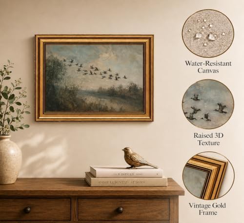 Gold Framed 3D Textured Wall Art, Vintage Misty Lake Forest Flying Duck Canvas - Image 2