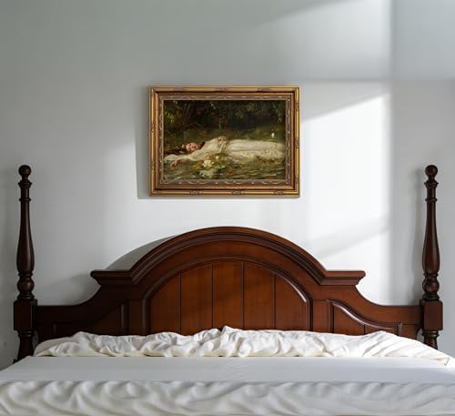 Vintage Gold Framed Ophelia Canvas Wall Art Gothic Dark Academia Pond Lotus - Image 6