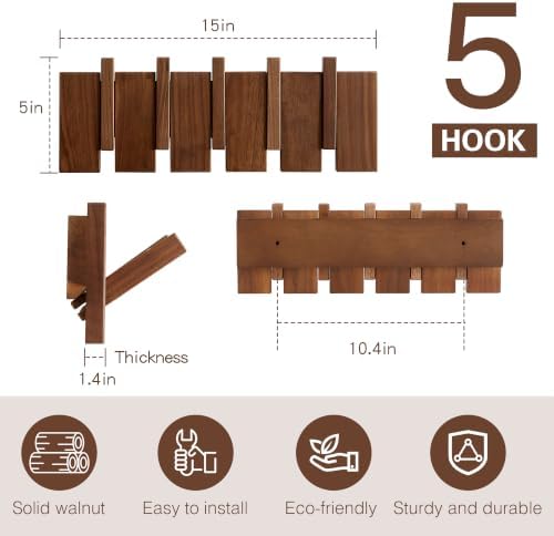 Coat Rack Wall Mount, Walnut 5 Flip-Down Picket Hanger Hooks - Image 2