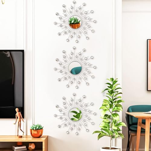 Uaussi 3 Pack Crystal Sunburst Wall Mirror Décor Rhinestone Mirrors Decorative - Image 4